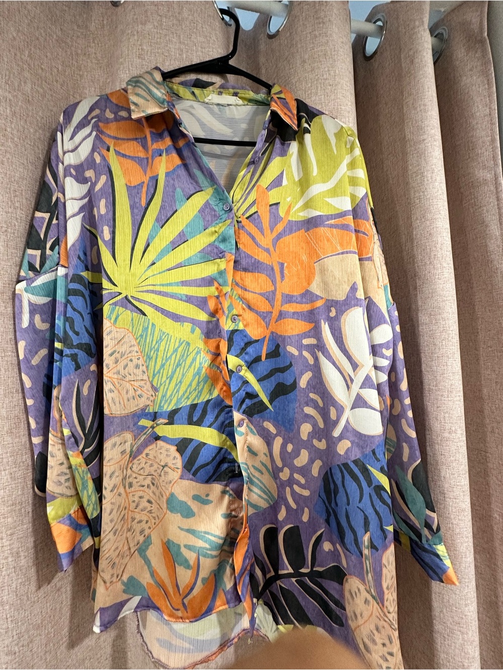 Taylor Tropical Print Relaxed Button-Up Shirt in Purple, Orange, Green
